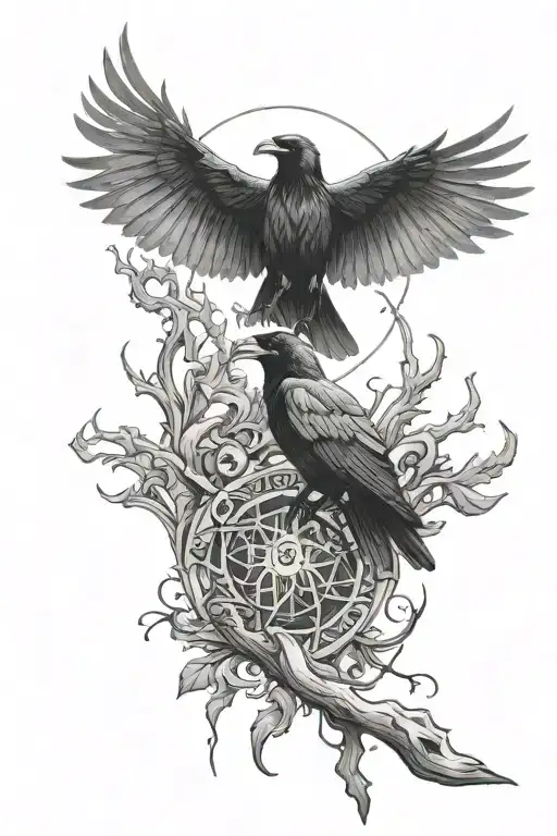 Odin rays and ravens and vinkinga brujula tattoo design idea