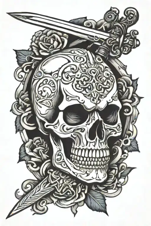 skull with sword piercing tattoo design idea