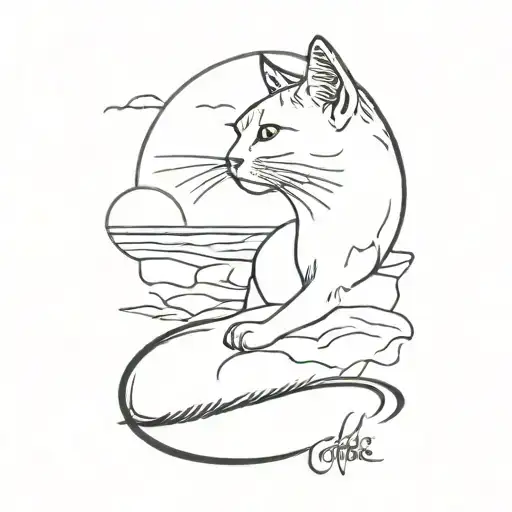A minimalist tattoo of a cat lounging on a beach in Cape Verde with a chef's knife in the sand tattoo design idea