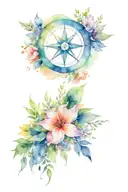 compass surrounded by wildflowers tattoo design idea