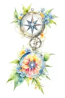 compass surrounded by wildflowers tattoo design idea