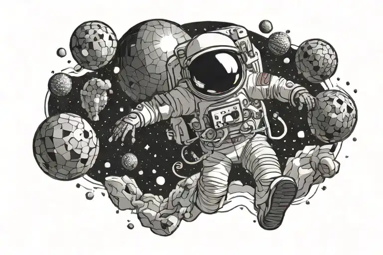 disco ball astronaut floating in space ibiza tattoo design idea
