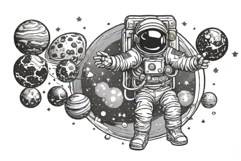 astronaut surrounded by disco ball planets  tattoo design idea