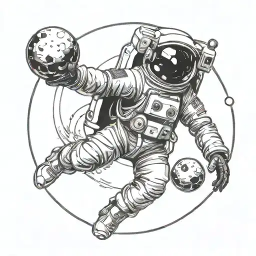 Astronaut discoball head saturn ring around head leaping in space  tattoo design idea