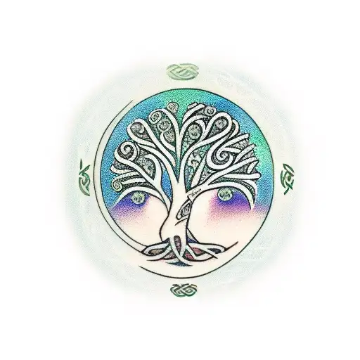 celtic tree of life with woman reading against the trunk tattoo design idea