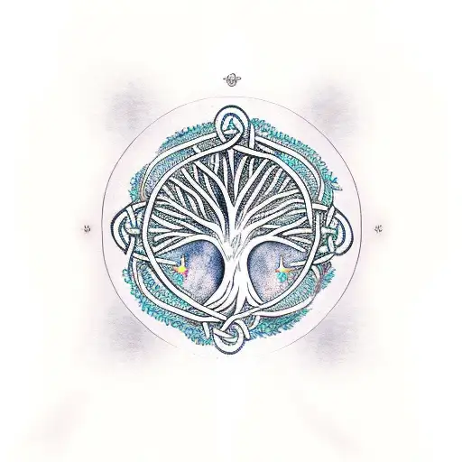 celtic tree of life with woman reading against the trunk tattoo design idea