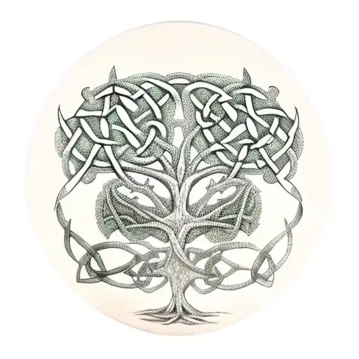 celtic tree of life with woman reading against the trunk tattoo design idea