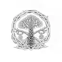 celtic tree of life with woman reading against the trunk tattoo design idea