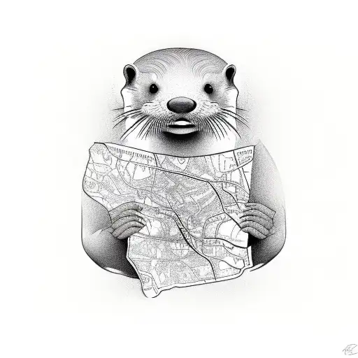 Otter with stopwatch and maps tattoo design idea