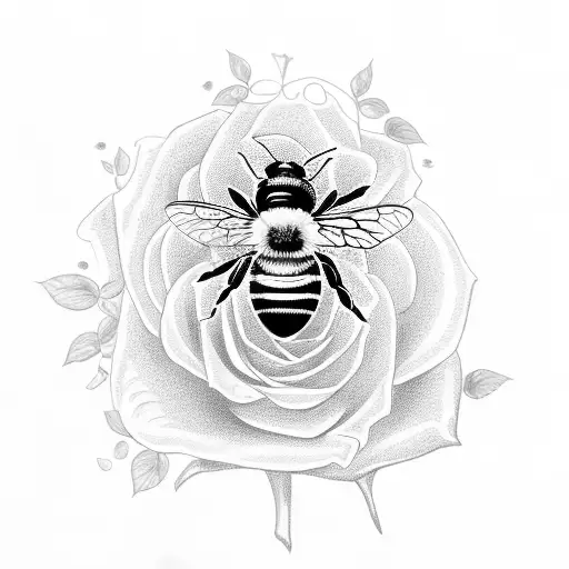 bee sitting on a rose with open petals  tattoo design idea