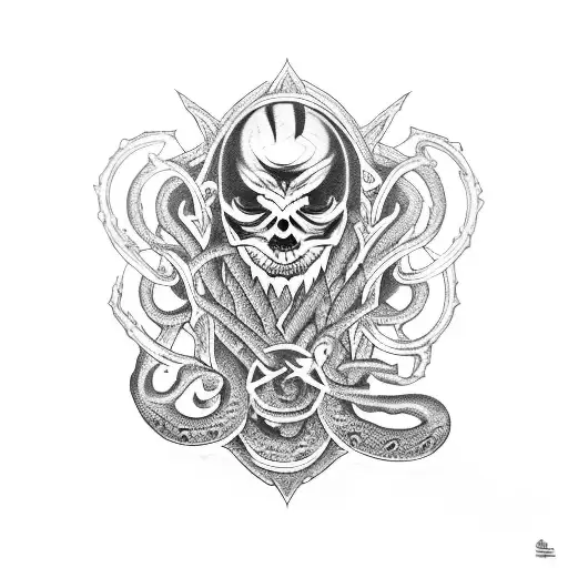 A powerful tattoo of a demonologist holding a pan flute, with sinister black flowers and snakes intertwining around them tattoo design idea