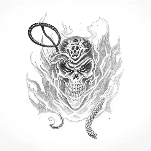 A powerful tattoo of a demonologist holding a pan flute, with sinister black flowers and snakes intertwining around them tattoo design idea