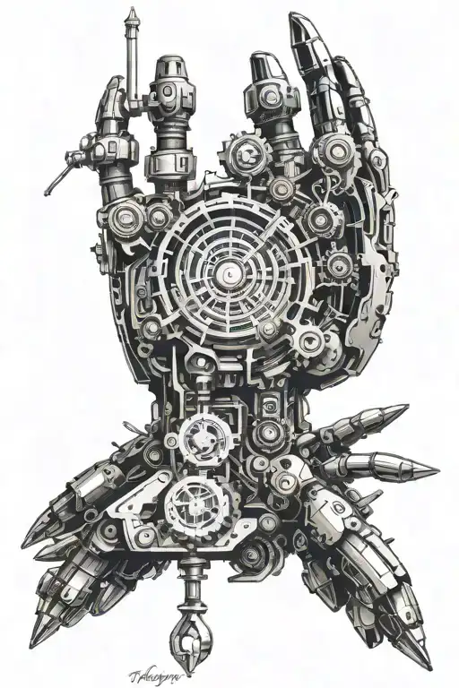 give me a picture of the Adeptus Mechanicus sketch with runes and mechanical parts that are located on the forearm tattoo design idea