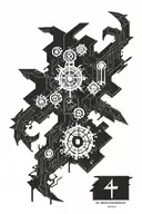 warhammer 40000 adeptus mechanicus sketch with runes and mechanical parts tattoo design idea