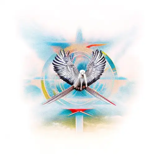 christian cross with a vulture spreading its wings behind it tattoo design idea