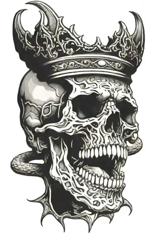 Skull with crown and snake out of mouth open tattoo design idea