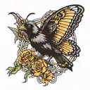 butterfly chain wrapped with crow sitting on top tattoo design idea