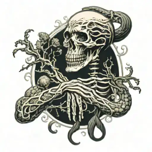 tentacle tree back ground, maiden in center, skeleton hand reaching out of of the werds tattoo design idea