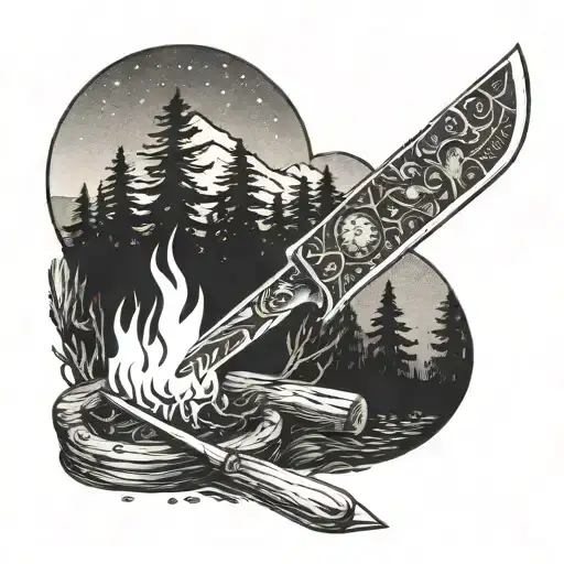 A chef's knife and fork crossed over a campfire with a forest scene in the background, incorporating dotwork shading for depth tattoo design idea