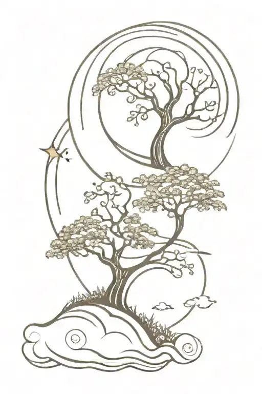 nature wave spiral sun moon tree women camping peace tattoo design idea