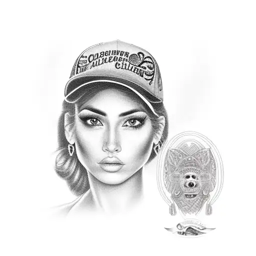 Chicano girl face in a baseball cap  tattoo design idea