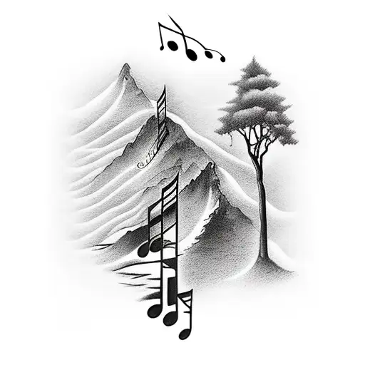 A scenic hiking trail with musical notes floating above tattoo design idea