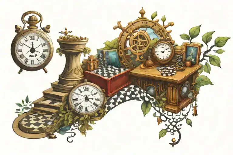 clock, chess piece, tree, stairs, eyeball, dna helix, compass, book, peace, space tattoo design idea