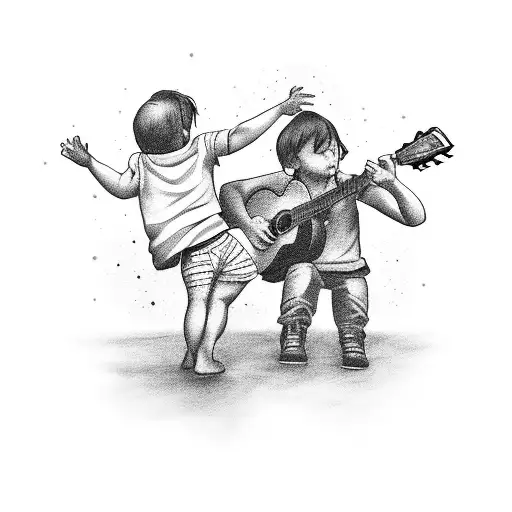 A tattoo of a dad playing guitar with his child dancing next to him tattoo design idea