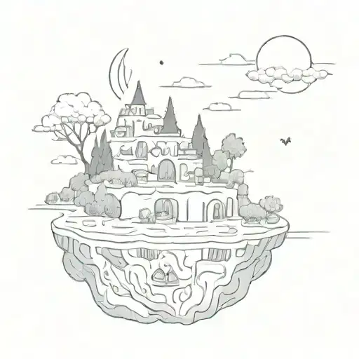 A surreal landscape with floating islands made of Rim Tim Tagi Dim letters and baby lasagne slices tattoo design idea