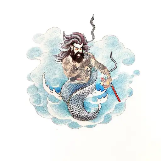 male mermaid smoking pipe  tattoo design idea