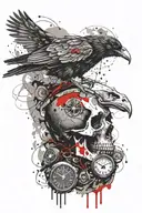 Raven sitting on a skull with a broken pocket watch next to it, add text  tattoo design idea