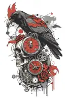 Raven sitting on a skull with a broken pocket watch next to it, add text  tattoo design idea