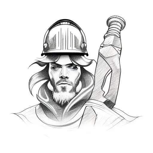 A sketch-style tattoo of a fremen holding a construction hammer and wearing a hard hat tattoo design idea