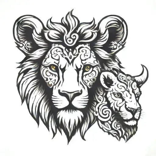 left half lion head, right half lamb head , one head  tattoo design idea