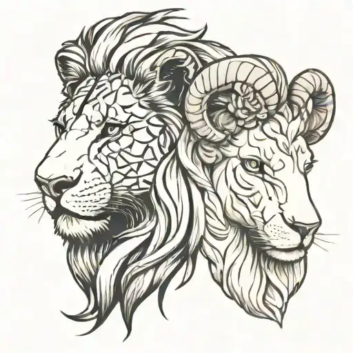 left half lion head, right half lamb head  tattoo design idea