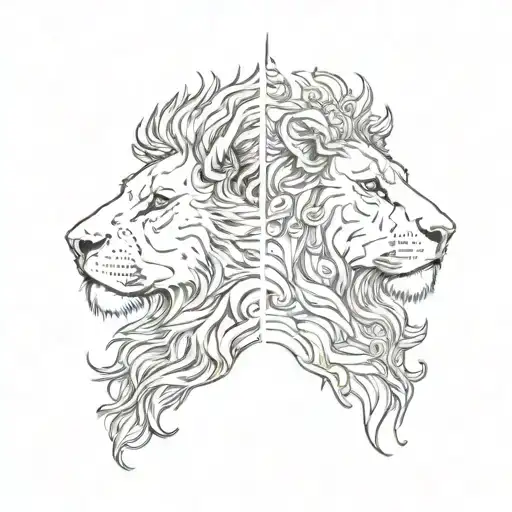 left half lion face, right half lamb face, split image  tattoo design idea