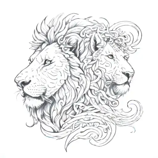 left half of lion face, right half of lamb face, side by side tattoo design idea