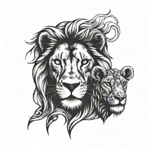 left half lion head, right half lamb head , split image  tattoo design idea