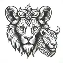 left half lion head, right half lamb head , one head  tattoo design idea