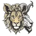 left half lion head, right half lamb head , one head  tattoo design idea