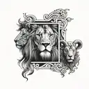 left half lion head, right half lamb head , split image  tattoo design idea