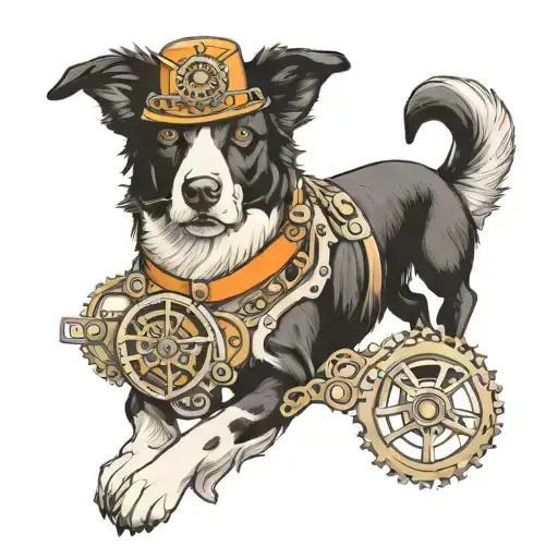 steampunk inspired tattoo of a black and white Labrador retriever mixed with a border collie tattoo design idea
