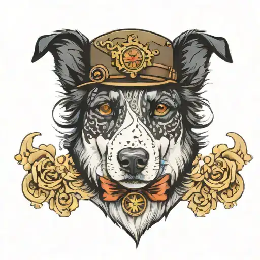 steampunk inspired tattoo of a mostly black but also white Labrador retriever mixed with a border collie tattoo design idea