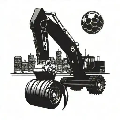A futuristic Boston skyline with a giant excavator playing soccer in the streets tattoo design idea