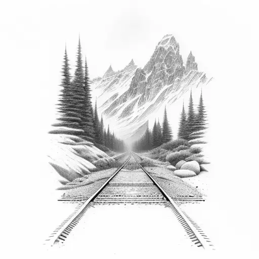 Railroad tracks disappearing into a misty mountain range tattoo design idea