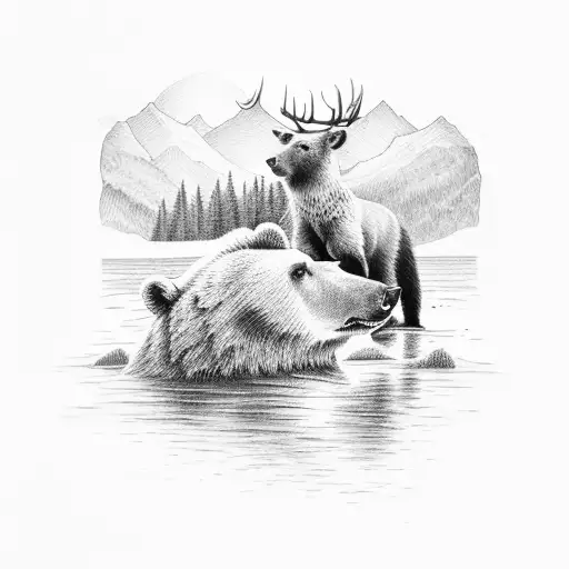 A bear and a deer drinking from a tranquil river in the wilderness tattoo design idea