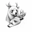 A bear and a deer drinking from a tranquil river in the wilderness tattoo design idea