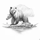 A bear and a deer drinking from a tranquil river in the wilderness tattoo design idea