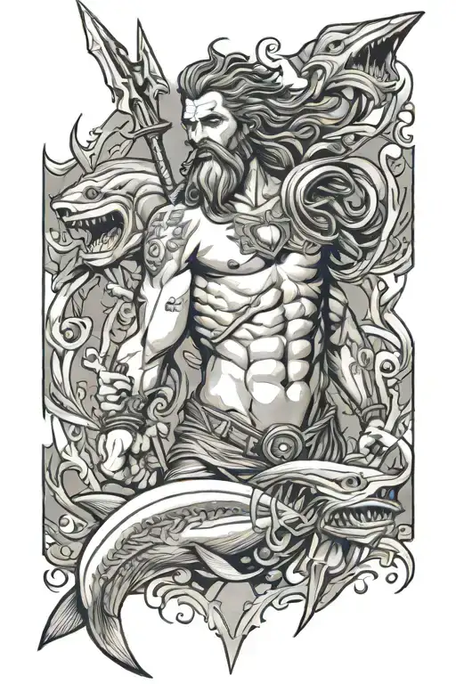 Poseidon holding a trident with sharks chasing each other tattoo design idea