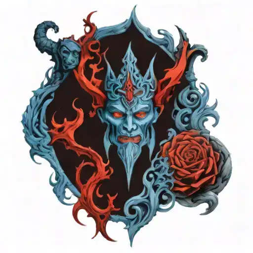 HADES SYMBOLS IN BLUE AND RED tattoo design idea